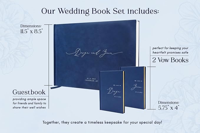 Personalized Wedding Book Set with Guestbook Vow Books (Design 1) - Custom Large 11.5 x 8.5 Guest Signin Book, 5.75 x 4 Vow Books for Marriage Ceremony Reception, Gift for Newly Engaged Couple, Navy - Image 3
