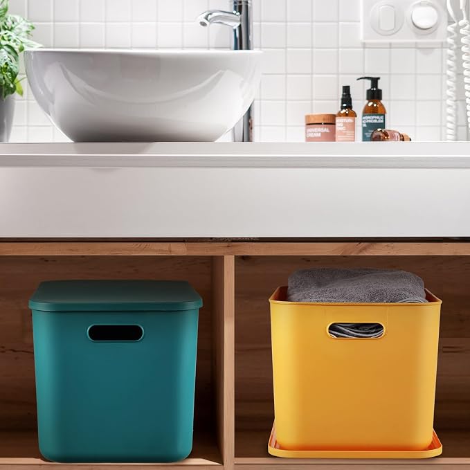 8 Pack Storage Bins, 14.2 X 10.2 X 9.5 Inch Multi-colored | Plastic Stackable Containers with Lid Handle, For Shelves Desktop Playroom Office, Organizing Toys Books Supplies Storage - Image 6