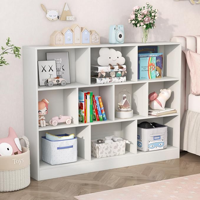 HONEY JOY Kids Toy Storage Organizer, 10-Section Wooden Floor Storage Cabinet, 41” Daycare Toy Chest, 3-Tier Kids Display Bookshelf for Classroom, Playroom & Nursery, Kindergarten (White) - Image 2
