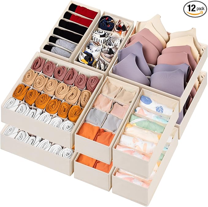 12 Pack Baby Clothes Organizer for Nursery, 116 Cells Fabric Foldable Dresser Closet Organizers and Storage Bins for Clothing, Women Men Underwear Socks, Bra, Ties, Scarf, Belt, Hair Accessories by Criusia