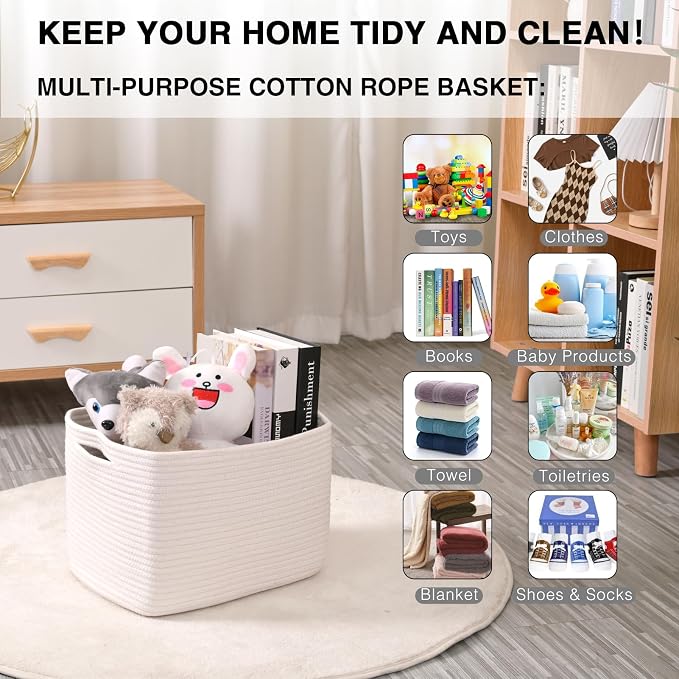 White Storage Baskets for Organizing Shelves, Woven Cotton Rope Basket for Storage, Basket for Toys Clothes Books Shoes, Organization Baskets, 14.8"×11"×9.5", Pack of 3, Off White - Image 4