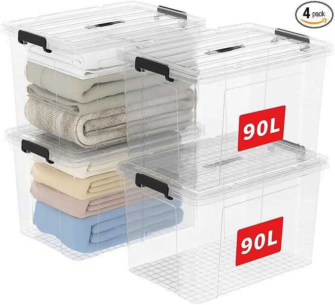 Cetomo Lidded Storage Bin with Handle, Storage Bins with Lid, Organizing Container with Secure Latching Buckles, Stackable and Nestable, Plastic, 95 Quart-4 Pack, Clear by Cetomo