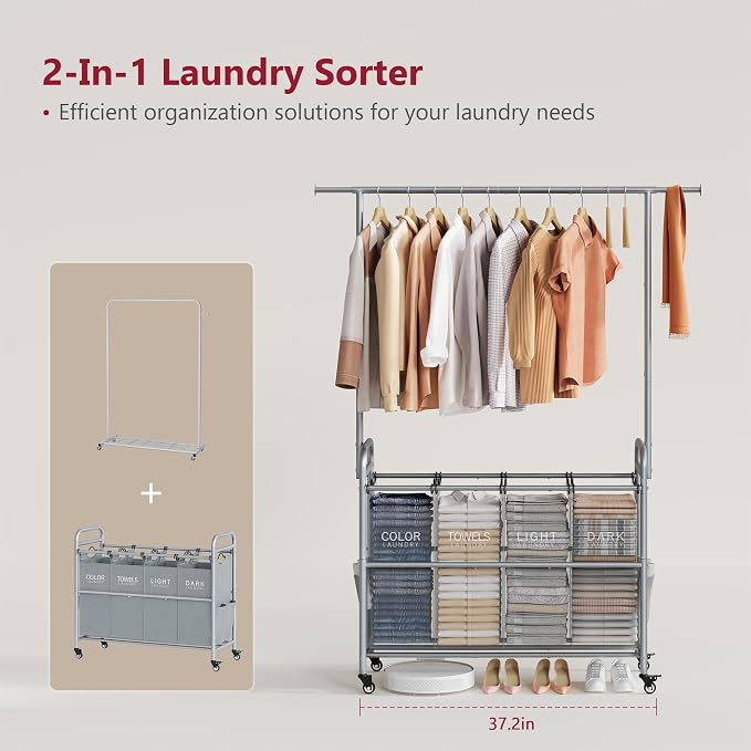 Laundry Sorter 4 Section, Laundry Basket with Hanging Rack, Gray | 196L Laundry Hamper with Hanging Rack and Heavy Duty Lockable Wheels, Rolling Laundry Cart for Bathroom, Bedroom, Home - Image 3