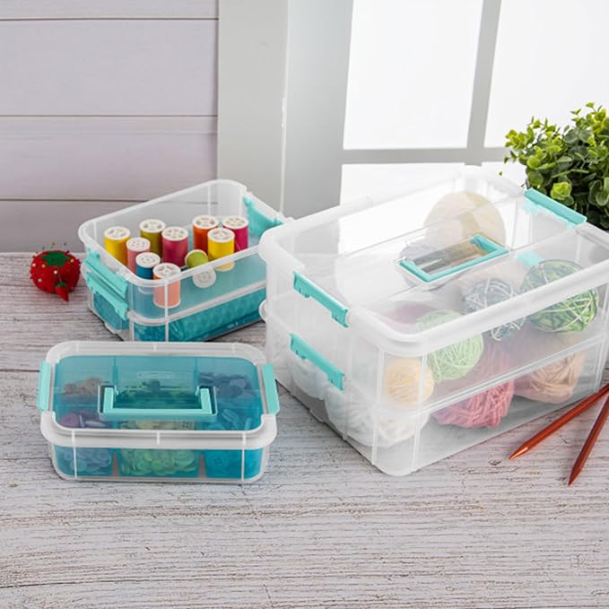 Sterilite 6 Pack Plastic Storage Box Container, 3 Layer, Stack and Carry, Clear/Blue - Image 5