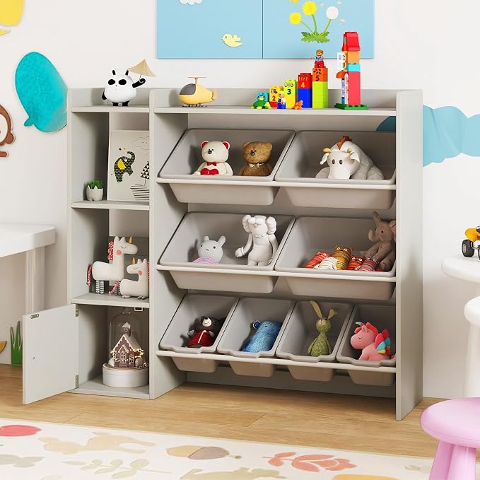 Costzon Kids Toy Storage Organizer w/ 8 Bins, Wooden Toddler Bookcase w/Open Shelves & Cabinet, Multifunctional Toy Storage Cabinet for Kids Room, Nursery & Playroom by Costzon