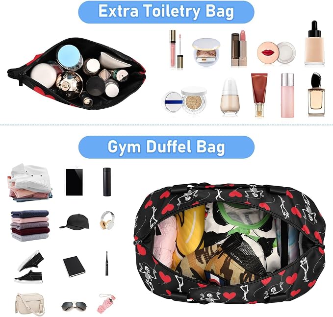 Travel Duffel Tote Bag Romantic Skull Gothic Sports Duffel Bag with Wet Pocket Weekender Overnight Bag for Women Men Gym Bag, Carry On Bag Hospital Bag for Labor and Delivery - Image 3