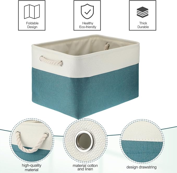 meekoo 8 Pack Collapsible Storage Bins Fabric Storage Bins Polyester Fabric Baskets with Handles Linen Closet Organizer for Shelf Home Closet Towels Toys(15 x 11 x 9.5 in,Cyan White) - Image 5
