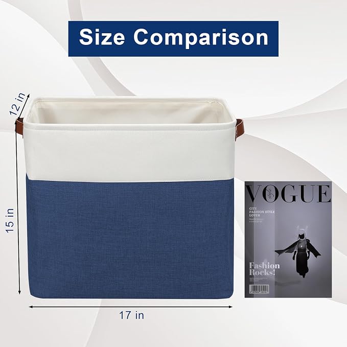 Large Fabric Storage Baskets | 50L Storage Bins, Decorative Linen Closet Baskets with Handles for Organizing, Shelf, Toys, Clothes, Home, Office, Nursery, 17x12x15Inches (Navyblue&White) - Image 3