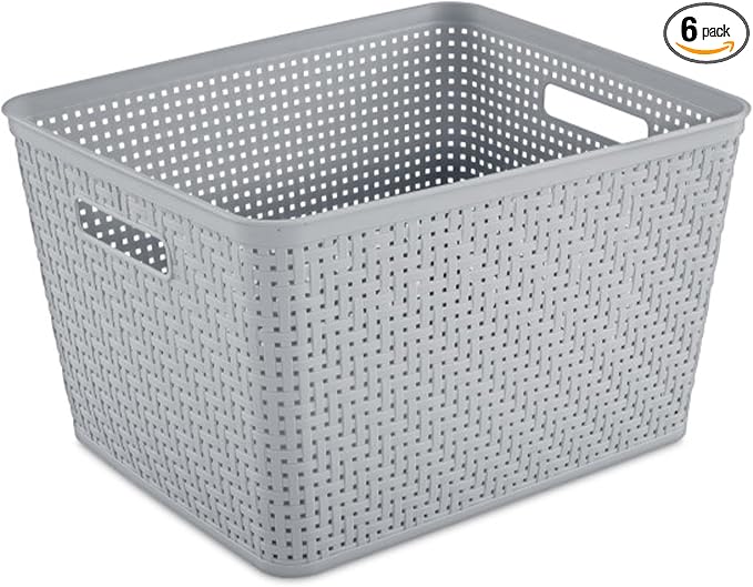Sterilite Tall Basket, Woven Plastic Storage Organizer Bin, Cement, 6-Pack | Decorative Open Top Storage Bins with Handles for Bedroom, Bathroom, Dorm, Closet, Office and Shelf Organization by Sterilite