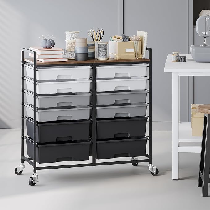 TOOLF 12 Drawers Rolling Storage Cart with Wooden Top for Classroom,Grey | Teacher Cart Craft Art Supply Organizer, Utility Cart with Lockable Wheels for Home Household Essentials, Office Organization - Image 8