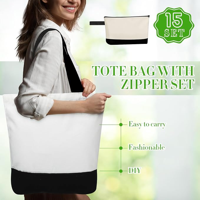 Sanwuta 30 Pcs Canvas Tote Bags Bulk with Zipper Cosmetic Pouch,Black | 18.5" Reusable Cotton Shopping Bag with Handle for DIY Craft - Image 2