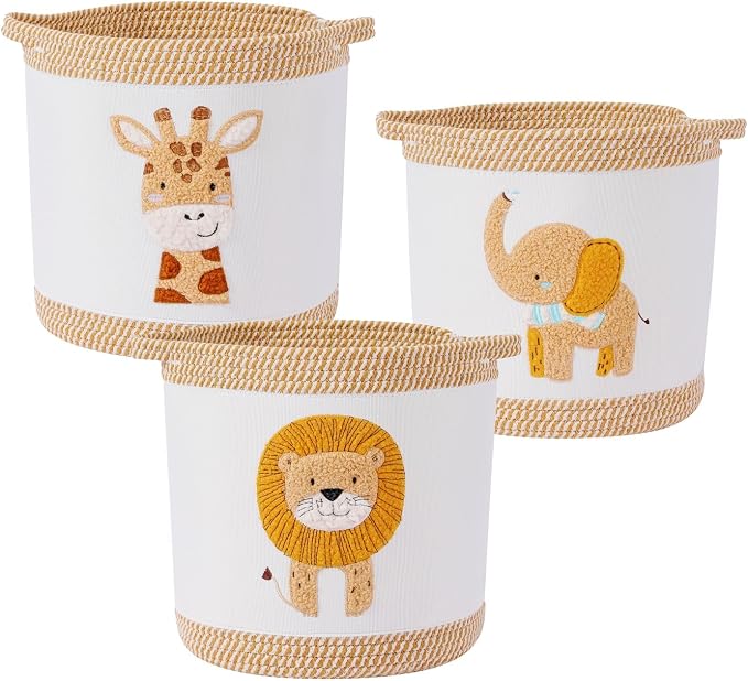 3-Piece Woven Baby Toy Baskets Laundry Hampers, Foldable Nursery Organizer for Toys Clothes Stuffed Animals, Roomy Sturdy Hampers for Baby Gift Nursery Decor Baskets Lion/Giraffe/Elephant Design by Unknown
