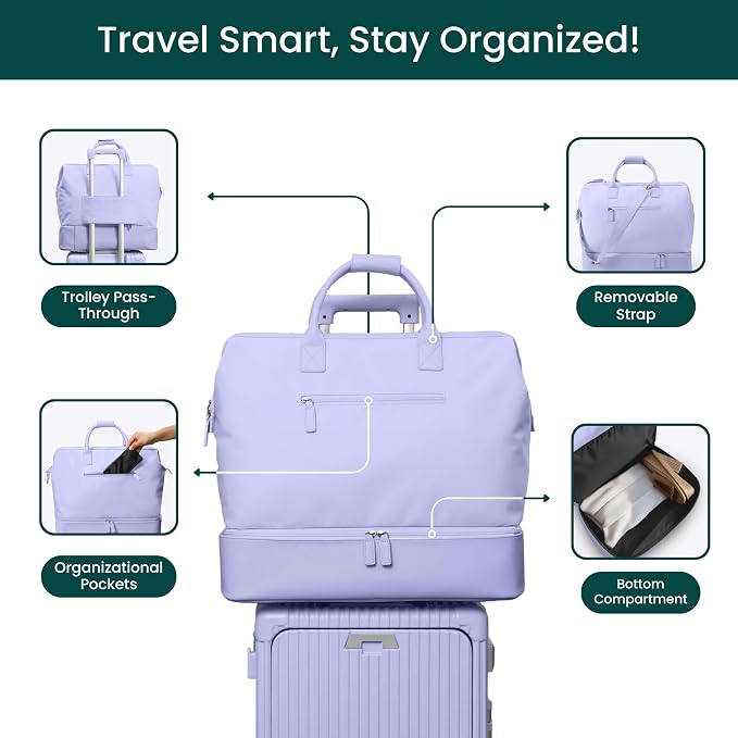 Nobl Travel Weekender Bag for Women & Men, Large Carry-On Duffel, Lavender | Leather Overnight Tote with Trolley Sleeve, Separate Shoe Compartment & Laptop Pocket for Airplane, Gym & Road Trips - Image 3