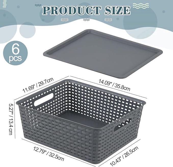 6 Pack Plastic Storage Bins with Lids, Stackable Storage Baskets with Handles, Plastic Organizer Container Bins for Desk,Shelves,Office, Pantry Organizers and Storage, Grey - Image 2