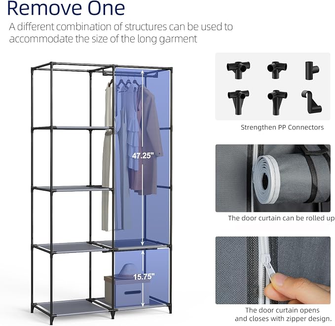 Gray Cover Portable Closet with 6 Shelves & 2 Hanging Rods | Wardrobe closet easy to assemble. Good storage functionality for basic needs. 34.6"×17.7"×66.1". Bedroom, dorm, apartment. - Image 4
