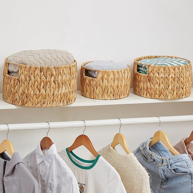 Wicker Storage Basket, Hand-Woven Water Hyacinth Large Round Woven Basket With Handles, Wicker Baskets for Organizing/Storage, 3-Pack - Image 4