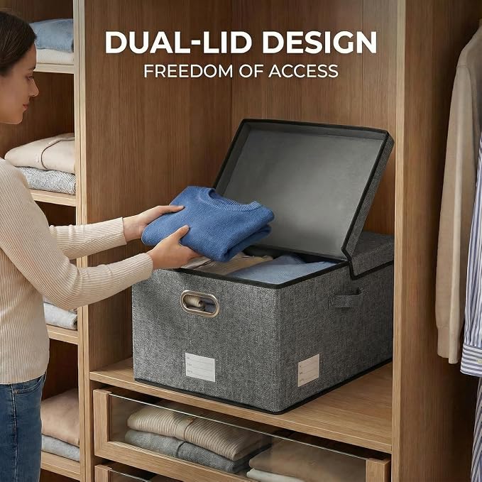 Storage Bins with Lids [3-Pack] Linen Fabric Foldable Storage Boxes Organizer Containers Baskets Cube with Cover for Bedroom Closet Office Grey(23.4X15.9X11.4) - Image 4