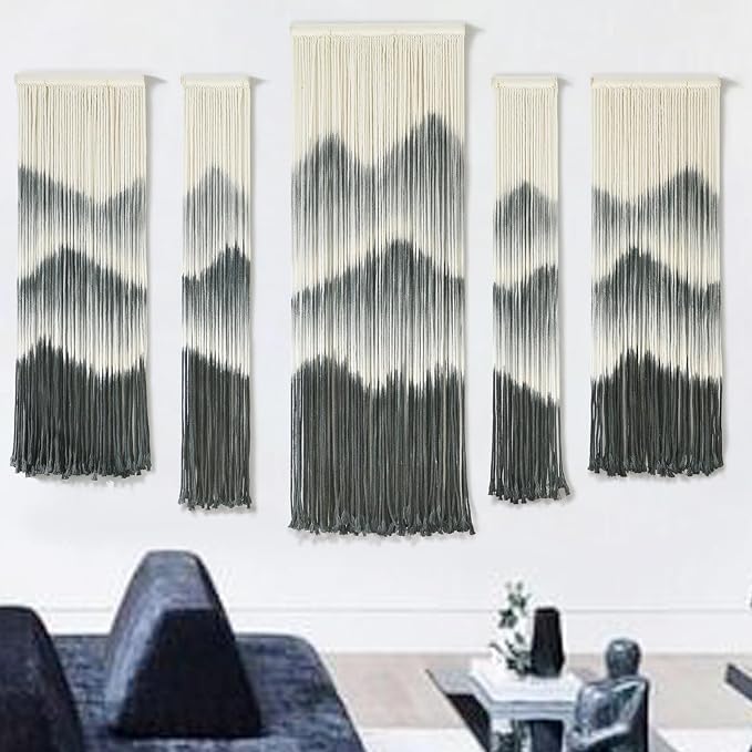 5Pcs Macrame Wall Hanging Dip Dyed Mountain Wall Decor Handmade Yarn Art | Cotton Rope Craft, Handmade Macrame Art, 5 Piece Wall Hanging Set, Ready To Hang, Wedding Decoration, Bedroom Wall Art - Image 3