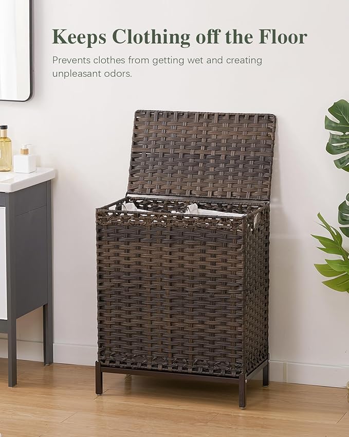 SETVSON Laundry Hamper with Lid, 29.6 Gal 2-Bag Clothes Sorter, Brown | 112L 2-Section PE Rattan Hamper with Lid, Metal Heightened Feet, 2 Removable Liners, 6 Mesh Laundry Bags, Steel Frame - Image 2