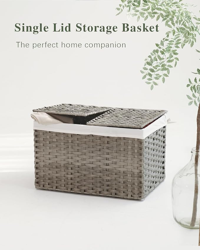 SETVSON Storage Basket with Lid, PE Rattan Woven Storage Bin, Gray | Dual Lid Blanket & Clothes Organizer, Divided Storage Bin, 2 Washable Liner Bags, Collapsible PE Rattan Trunk - Image 4