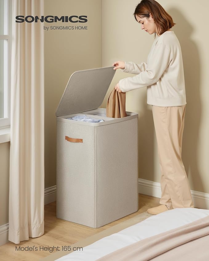 SONGMICS Laundry Basket, 44.9 Gal. Laundry Hamper, 2 Compartments, Easy Assembly, with Lid and Handles, Removable Liners, 22 x 15.7 x 29.5 Inches, Cappuccino Beige ULCB813L01 - Image 2