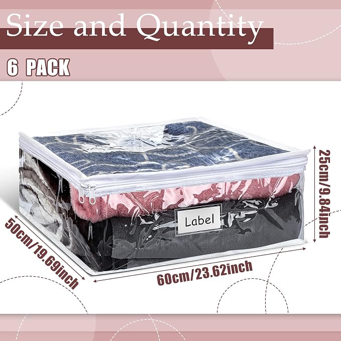 6pcs Clear Zippered Storage Bag Plastic Individual Sweater Storage Bag with Zipper Label Closet Clothing Organizer for Blanket Clothes Bed Sheet Comforter Quilt Pillow(23.6 x 19.7 x 9.8 Inch) - Image 2