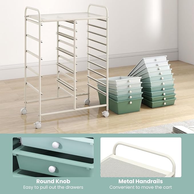 GOFLAME 15-Drawer Rolling Storage Cart, Craft Storage Cart with Removable Drawers & Lockable Wheels, Art Cart Supply Storage Organizer for Home Office Classroom, Green Gradient - Image 6