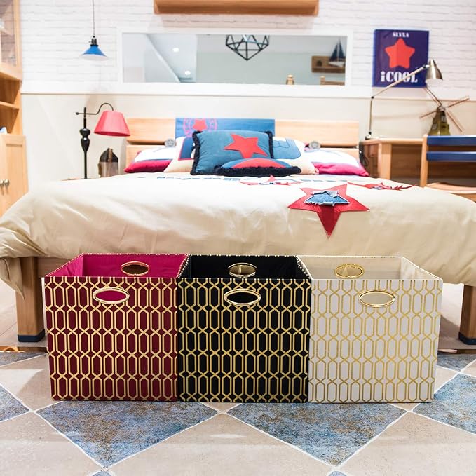 Posprica Storage Bins, Storage Cubes,13×13 Fabric Drawers Organizer Basket Boxes Containers (13×13×13/4pcs, Cream/gold geometry Pattern) - Image 7