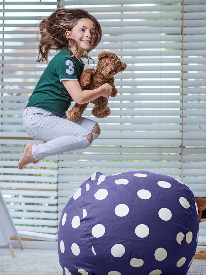 WEKAPO Stuffed Animal Storage Bean Bag Chair Cover for Kids | Stuffable Zipper Beanbag for Organizing Children Plush Toys Large Premium Cotton Canvas (Navy Dot, X-Large) - Image 6