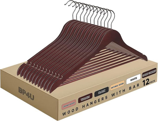 Wooden Clothes Hangers with Pants Bars, Mahogany, 12-Pack | Heavy Duty Solid Wood Suit & Coat Hangers with Swivel Hook & Shoulder Notches, for Shirts, Jackets, Dresses & Trousers by BP4U%E2%84%A2