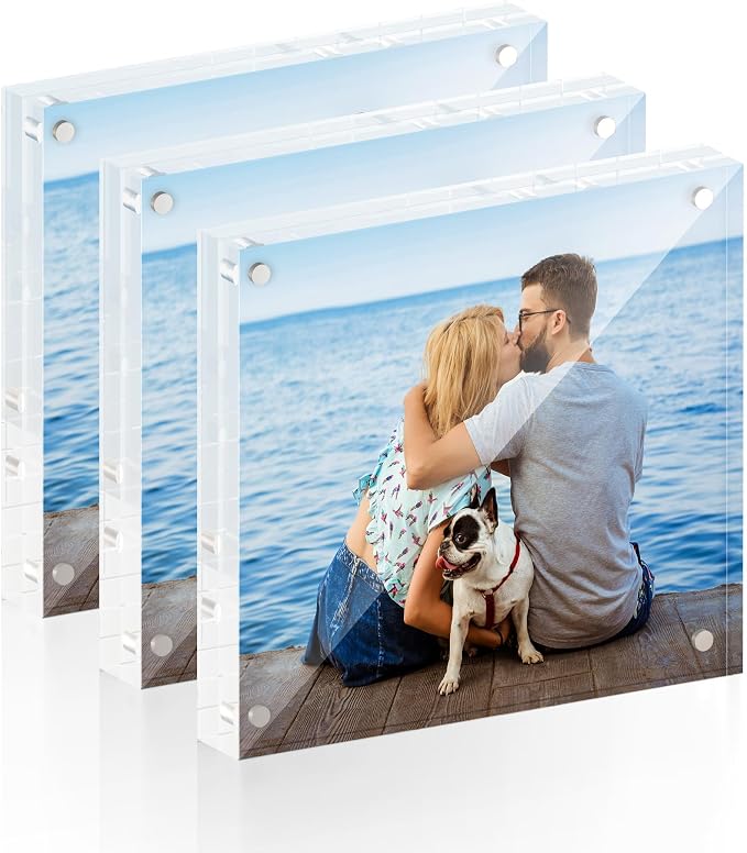 ATZYmolin 3 Pack 5x5 Acrylic Picture Frame, Magnetic Double Sided | 20mm Thick Frameless Clear Transparent Photo Frame, Self Standing for Desktop Tabletop, with Microfiber Cloth by ATZYmolin