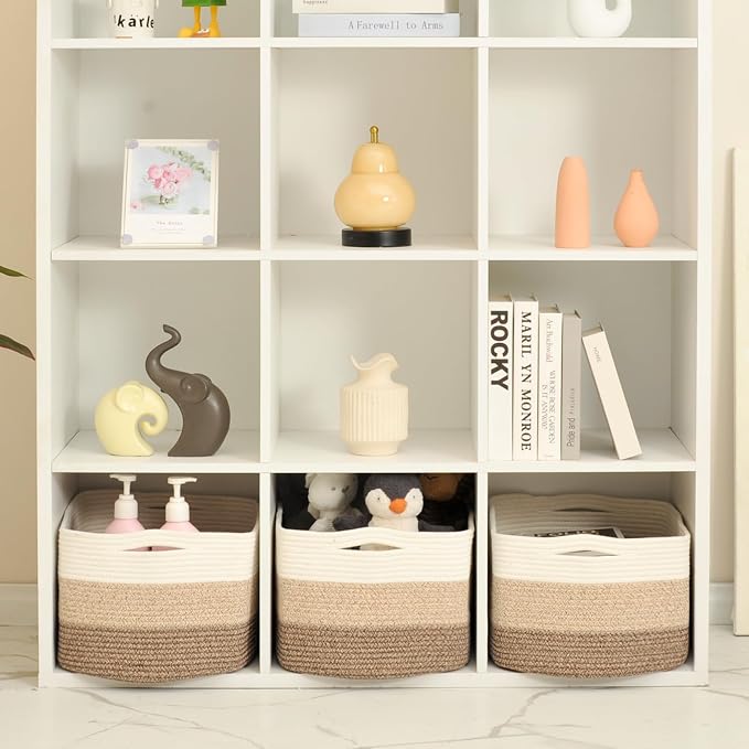 ICERZCZ Large Storage Baskets for Organizing Shelves, Woven Cotton Rope Bins for Baby Nursery Organization, Book Toy Towel Organizer, 17"x13"x9.5", 3 Packs, Gradient Brown - Image 5