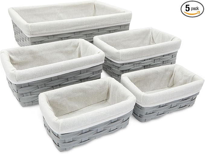Juvale Wicker Nesting Baskets with Cloth Lining - 5-Pack Gray Rectangular Set - Stackable Storage Bins & Lined Baskets for Organizing Pantry, Closet by Juvale