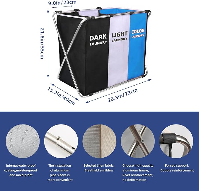 160L Large Laundry Basket, Freestanding Laundry Hamper, Collapsible Tall Clothes Hamper with Handles for Clothes Toys in the Dorm & Family Closet Storage Container and Organizer (3 Liner blue) - Image 2