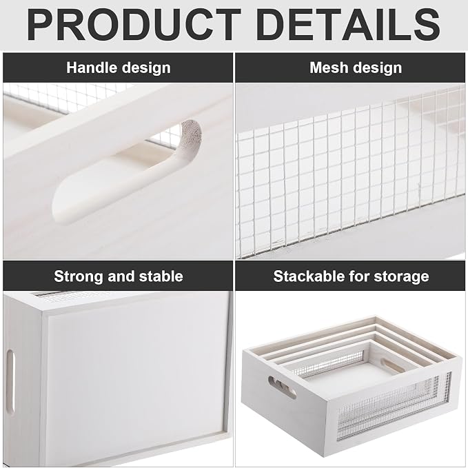 FillTouch 4 Pcs Wooden Nesting Countertop Baskets 4 Size Wooden Storage Box with Handle and Metal Wire Multipurpose Wood Organizer Crate for Fruit Vegetable Kitchen Cabinet Bathroom(White,Small) - Image 3