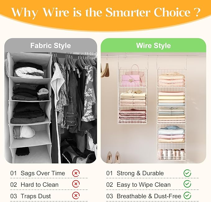 Yuyetuyo ﻿5 Tier Hanging Closet Organizer Separable Hanging Closet Shelves with 4 Hooks 2 Adjustable Dividers, Wire Storage Basket Bins for Clothing Sweaters Socks Dolls Handbags, Foldable - Image 5