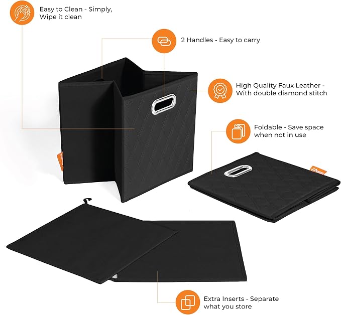 Small 11-inch Black Foldable Diamond Patterned Faux Leather Storage Cube Bins Set of Four with Handles with Dual Handles for living room, bedroom and office storage - Image 8