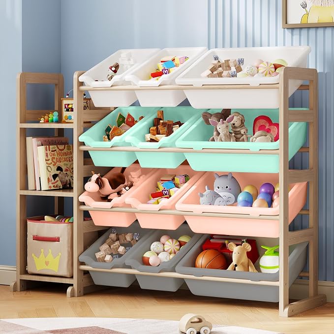 Toy Storage Organizer - Toy Organizers and Storage with Bookshelf, Toy Storage Shelf with 3 Shelves and 12 Storage Bins, Kids Bookshelf and Toy Storage for Kids Room, Playroom, Nursery, Multi color by EXPERLAM