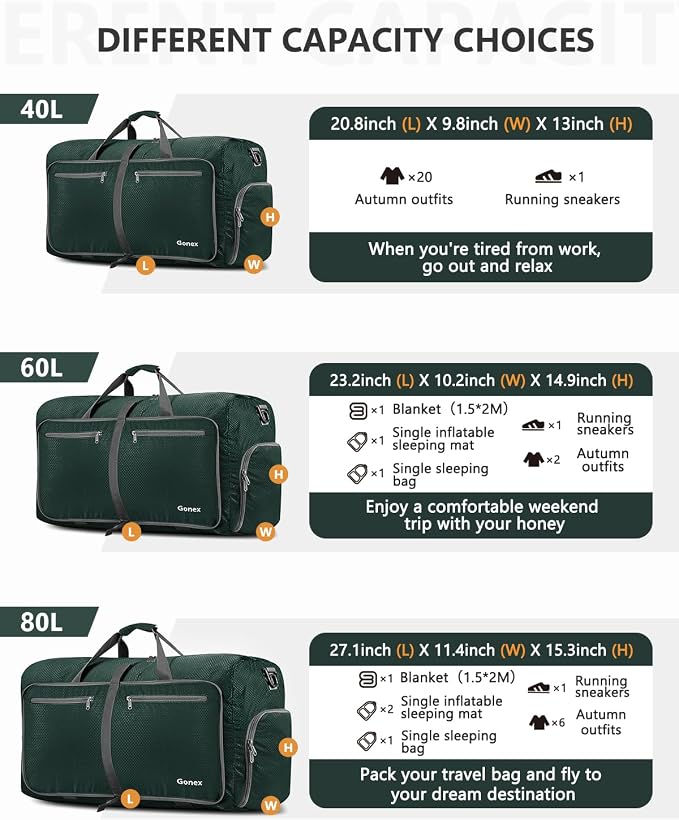Gonex 80L Foldable Travel Duffle Bag with Shoe Compartment, Lightweight | 210D Nylon, Water-Repellent, Folds Compact, Multiple Pockets, Luggage Sleeve, Weekend Trips & Camping, Dark Green - Image 3