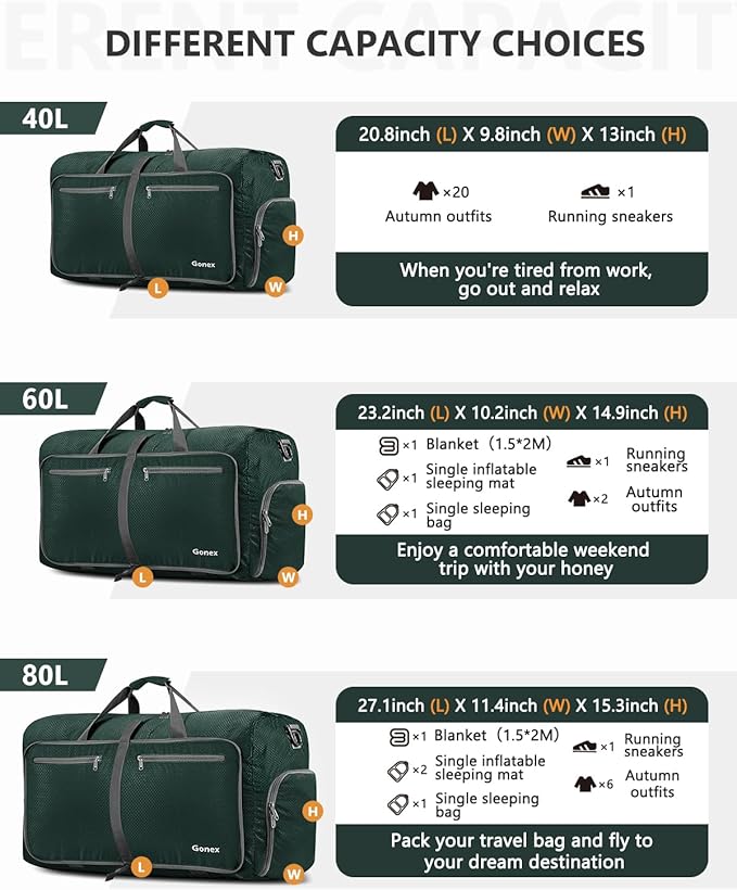 Gonex 100L Foldable Travel Duffle Bag with Shoe Compartment, Lightweight | 210D Nylon, Water-Repellent, Folds Compact, Multiple Pockets, Luggage Sleeve,Family Travel & Camping, Blackish Green - Image 3