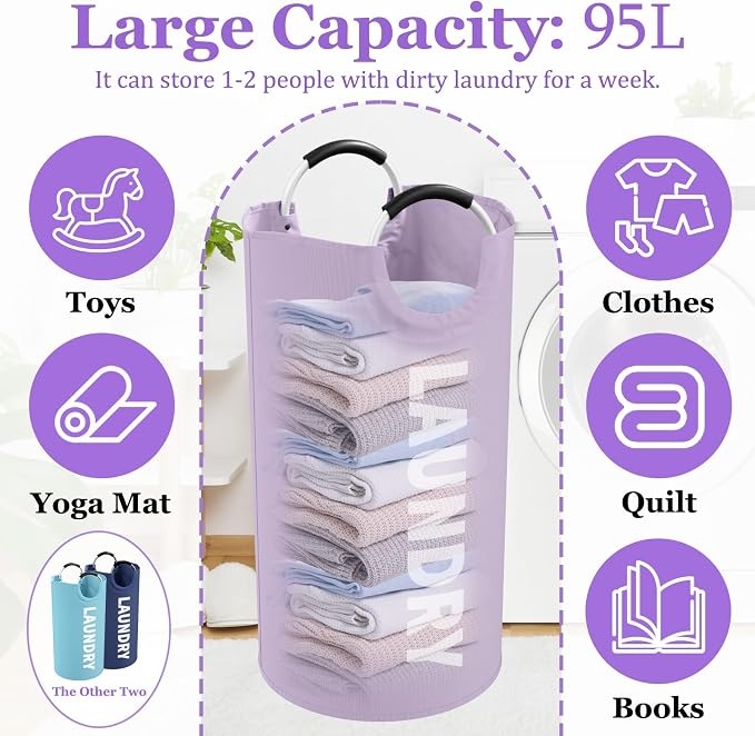 95L 3Pack Large Laundry Hamper, Foldable Laundry Basket with Handles, Dirty Clothes Basket in 600D Oxford Fabric, Clothes Hampers for Bedroom, Living Room, Bathroom, Purple + Navy Blue + Blue - Image 2