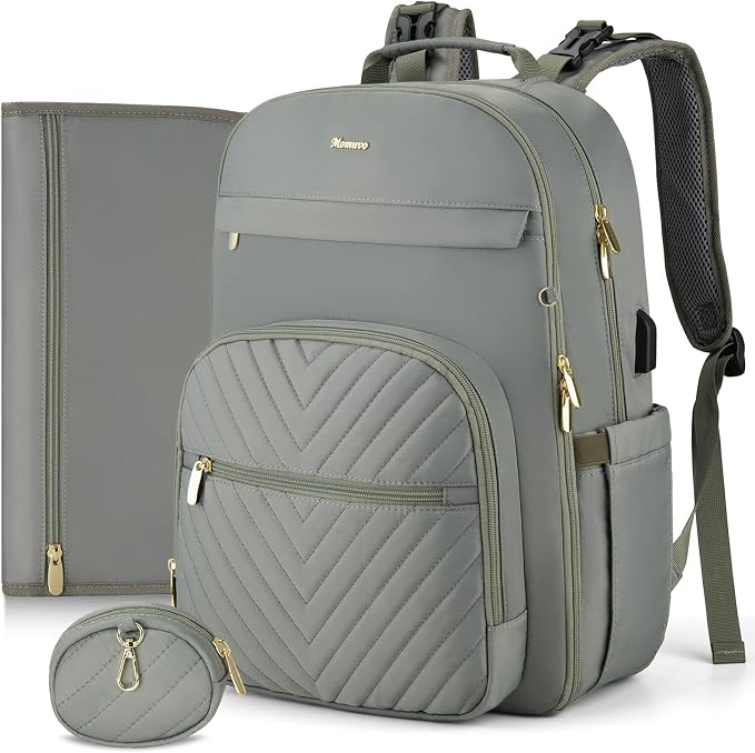 Diaper Bag Backpack, Quilted Baby Bag with Changing Pad & Stroller Straps & Pacifier Case, Multifunction Waterproof Travel Diaper Bags, Unisex, Olive Green by MOMUVOOFFICIAL