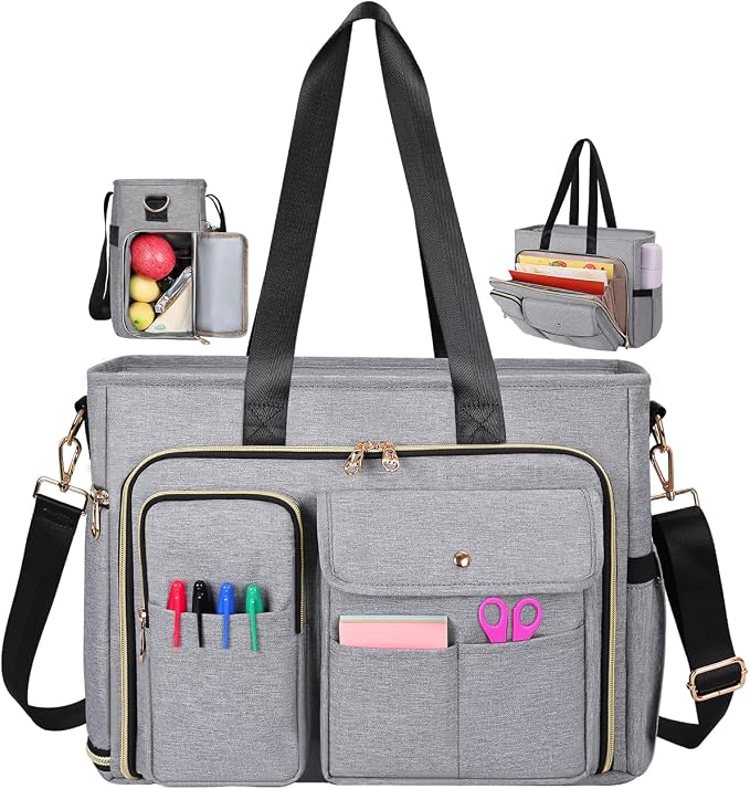 ESTARER Teacher Tote Bag Women 15.6 inch Laptop Bag for Work with Accordion File Organizer & Insulated Pocket, Professional Computer Messenger Shoulder Bag Briefcase for Office/College/Nursing (Grey) by ESTARER