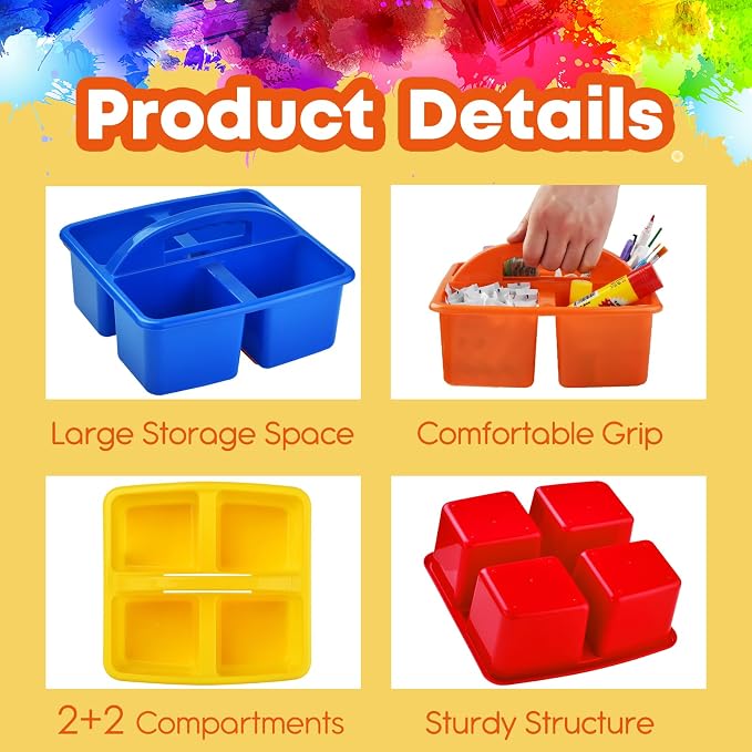 ALINK Plastic Classroom Caddy Organizer with Handle, 6-Pack 4 Compartments | Teacher Supply Storage Caddy for Classroom Organization, Table, Desk, Office, Craft Art for Kids - Assorted Colors - Image 4