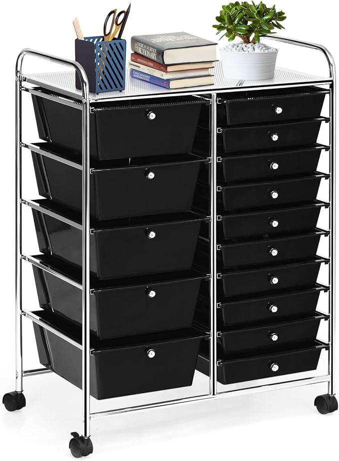 COSTWAY 15 Drawer Rolling Storage Cart, Mobile Storage Organizer | Removable Drawers & Metal Frame, Multipurpose Utility Tools Paper Organizer on Wheels for Home, Office (Black) by COSTWAY