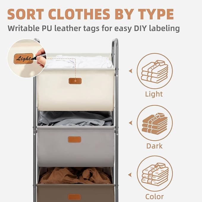 STORAGE MANIAC 120 Liters Vertical Rolling Laundry Hamper, 3 Section Laundry Sorter with Wheels and 2 Breaks, 3-tier Laundry Baskets for Small Space, Dorm, Laundry Room, Closet, Multicolored 3-tier - Image 3
