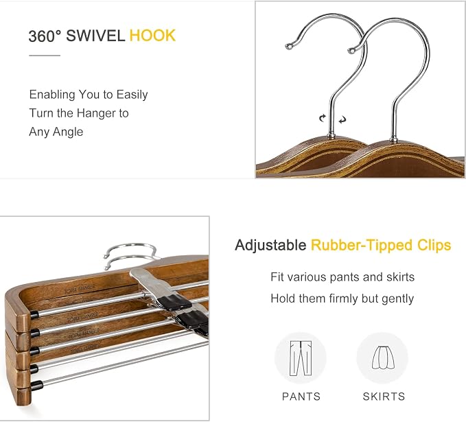 TOPIA HANGER Wooden Pants Hangers,Slim Natural Wood Skirt Hangers with Anti-Rust Hook and Adjustable Metal Clips, Perfect for Skirts,Pants,Slacks-10 Pack-CT17A - Image 3