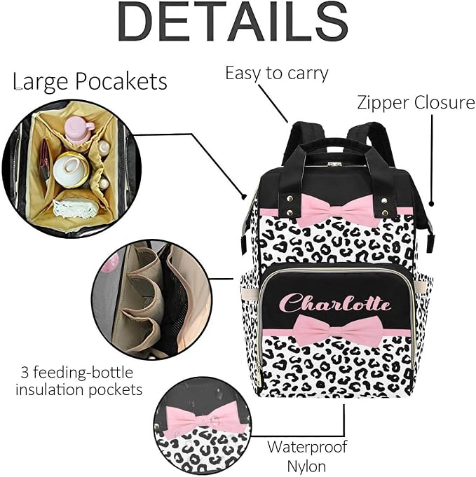 Pink Bow with Leopard Print Personalized Baby Diaper Bag – Custom Name Waterproof Nappy Backpack with Multi Compartments – Stylish Gift for Mom, Dad, Baby Shower & Outdoor Travel - Image 5