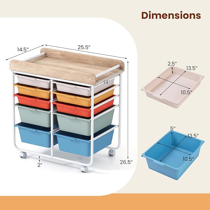 Giantex Rolling Storage Cart with 10 Drawers, Utility Cart w/Wooden Tabletop, Handle, Lockable Wheels, Multipurpose Organizer for Art Craft Scrapbooks Paper, Drawer Carts for School Office, Macaron - Image 3