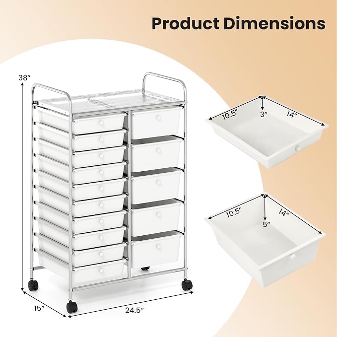 DREAMADE 15-Drawer Rolling Storage Cart, Mobile Craft Cart, White | Utility Organizer with Lockable Wheels, Removable Plastic Drawers and Metal Frame for Home Office, Classroom and Studio - Image 3